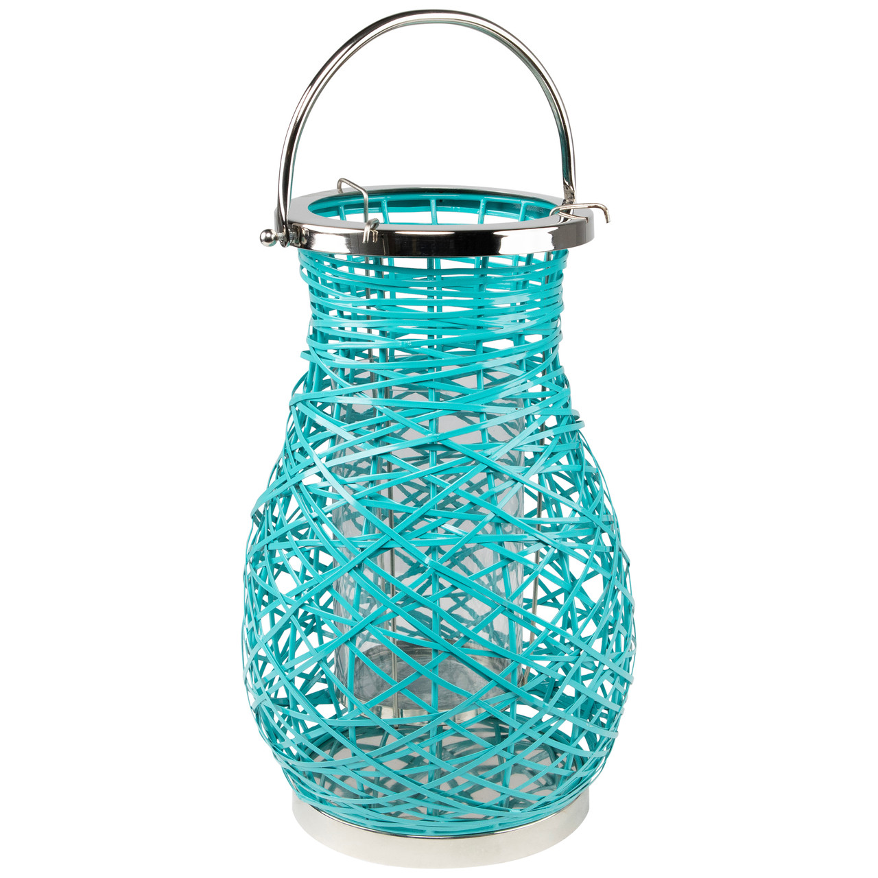 Woven Iron Pillar Candle Lantern with Glass Hurricane - 16.25