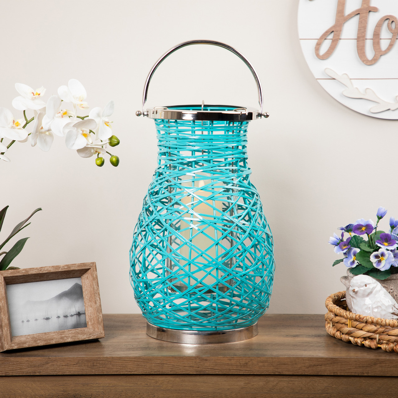 モチーフライト　LEDクリスタルビーズ・タワー　JOA-196 Woven Iron Pillar Candle Lantern with Glass Hurricane - 16.25