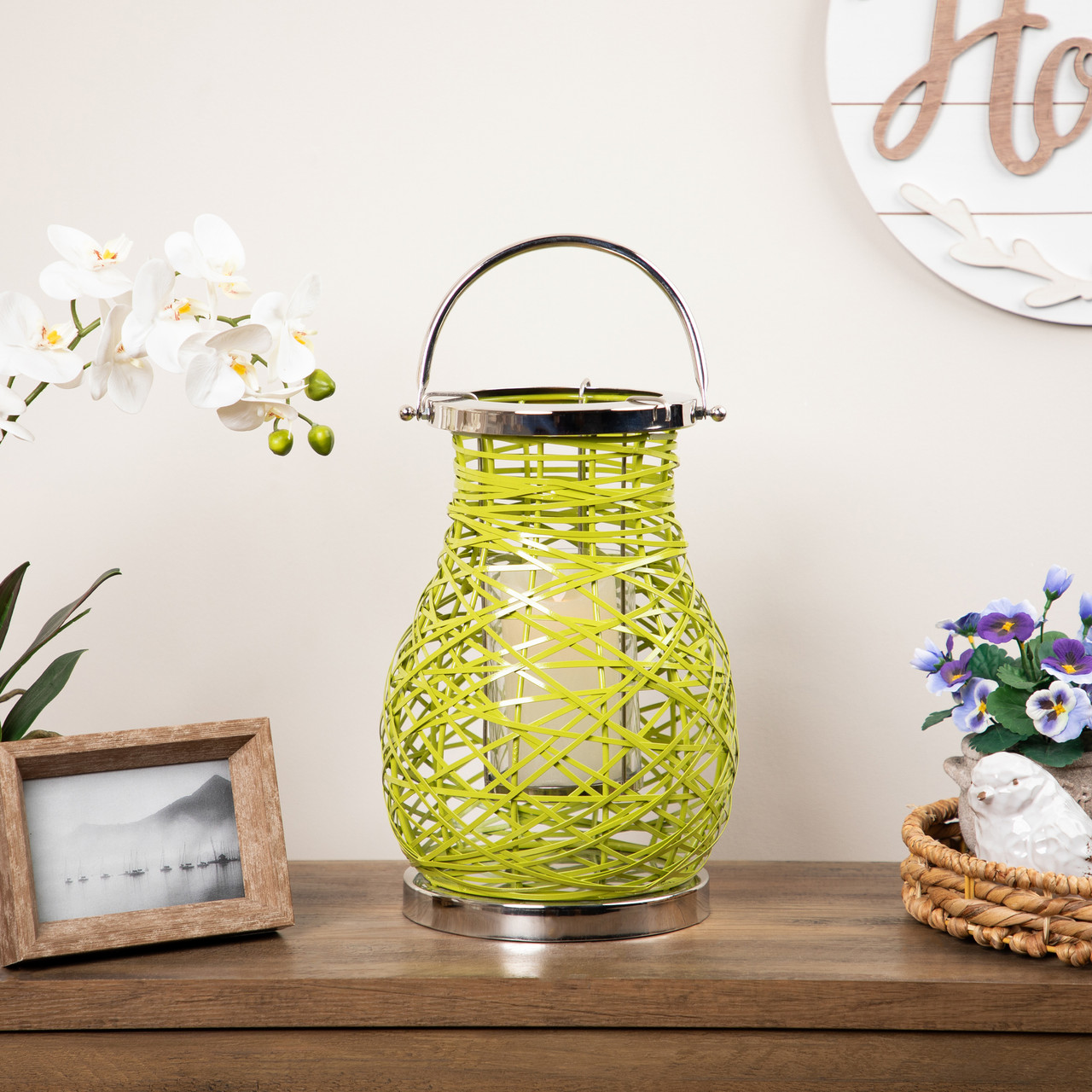 13.5" Modern Green Decorative Woven Iron Pillar Candle Lantern with