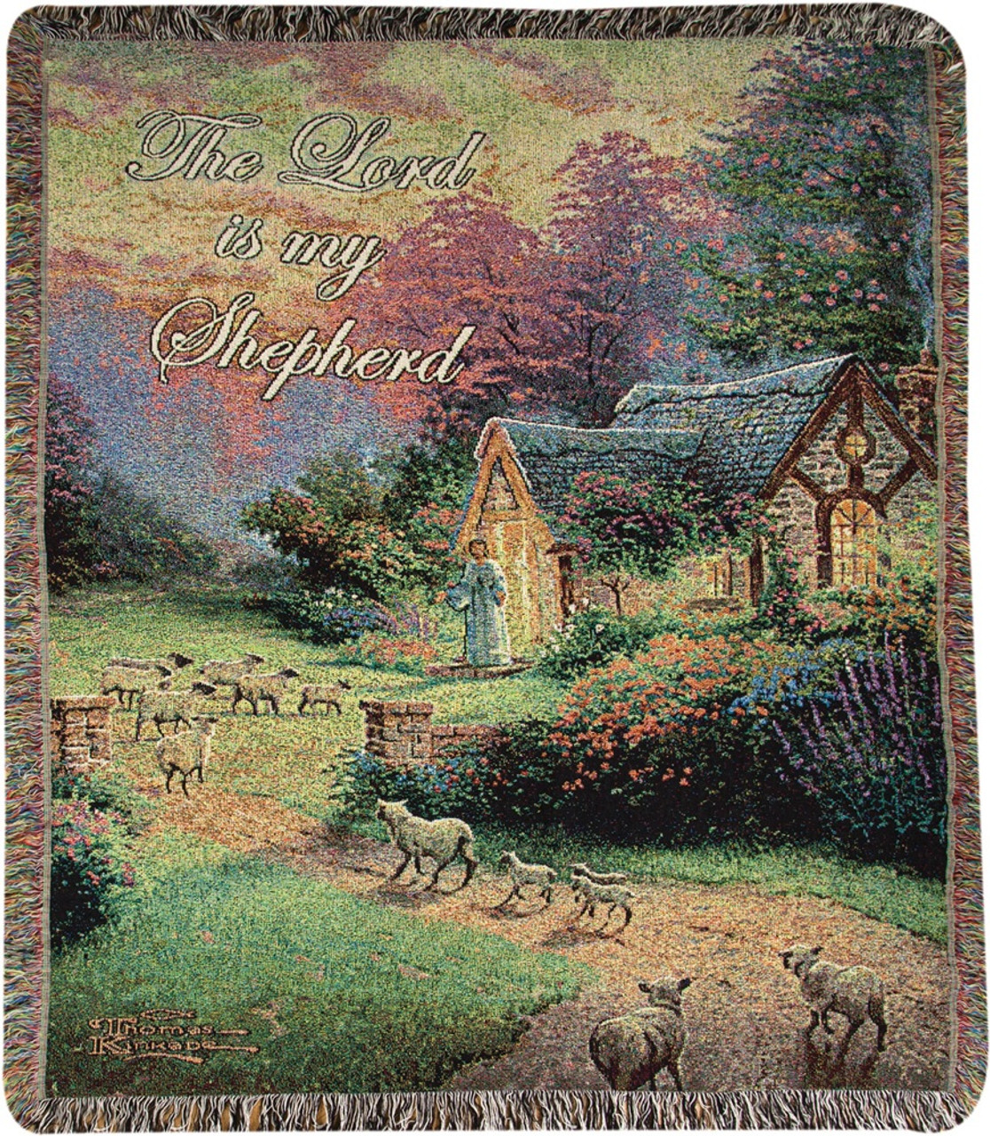 Thomas Kinkade "The Lord Is My Shepherd" Cottage Pictorial Jacquard Woven  Fringed Throw Blanket 50" X 60" Christmas Central