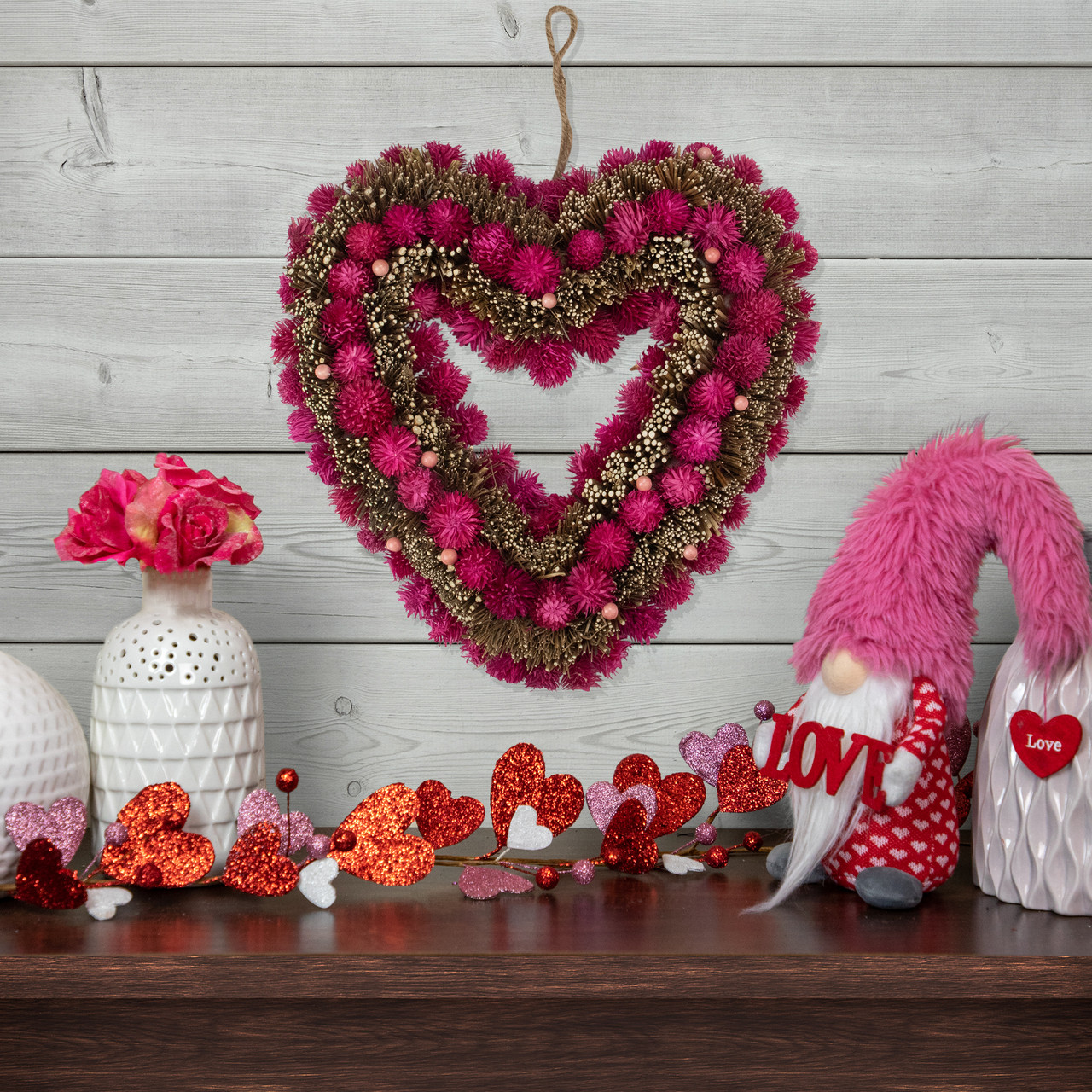 Pre-Lit Valentine Heart Shaped Wreaths, Red Tinsel Heart Shaped