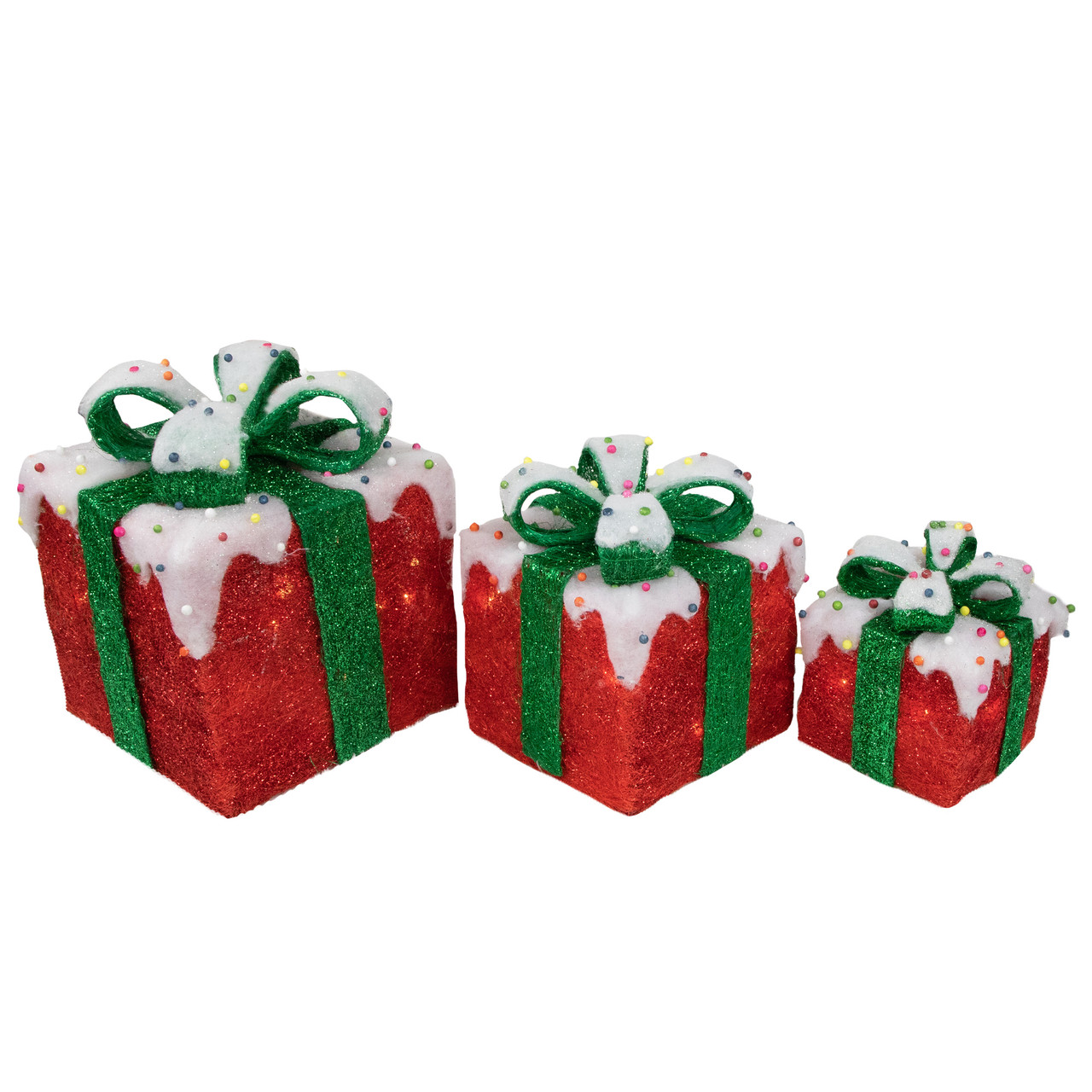 Set of 3 Lighted Snow & Candy Covered Sisal Gift Boxes Christmas ...