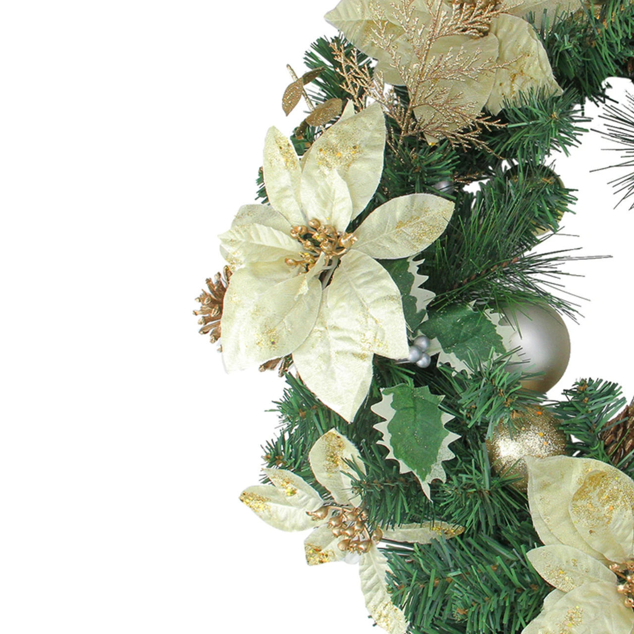 Gold Ornament Christmas Wreath with Poinsettias and Pine Cones 24 Inch Unlit