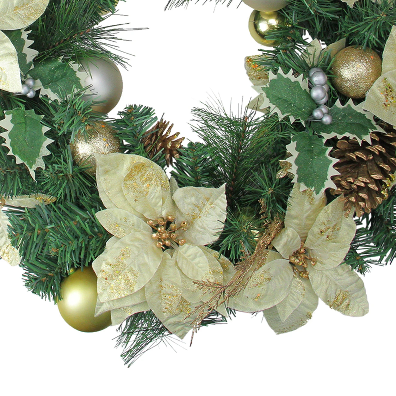 Gold Ornament Christmas Wreath with Poinsettias and Pine Cones 24 Inch Unlit