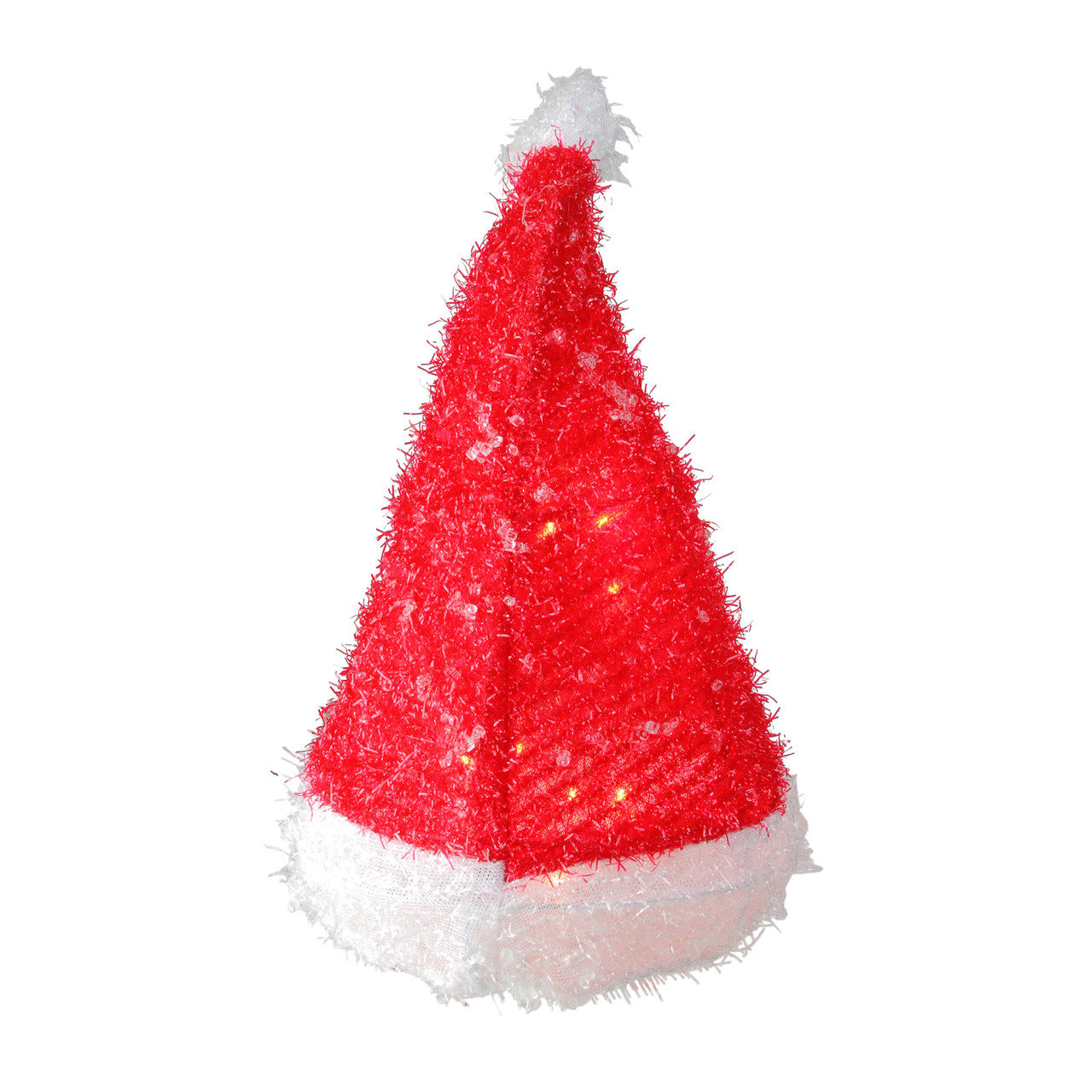 13" Lighted Iced Tinsel Santa Hat Christmas Tree Topper Clear Lights