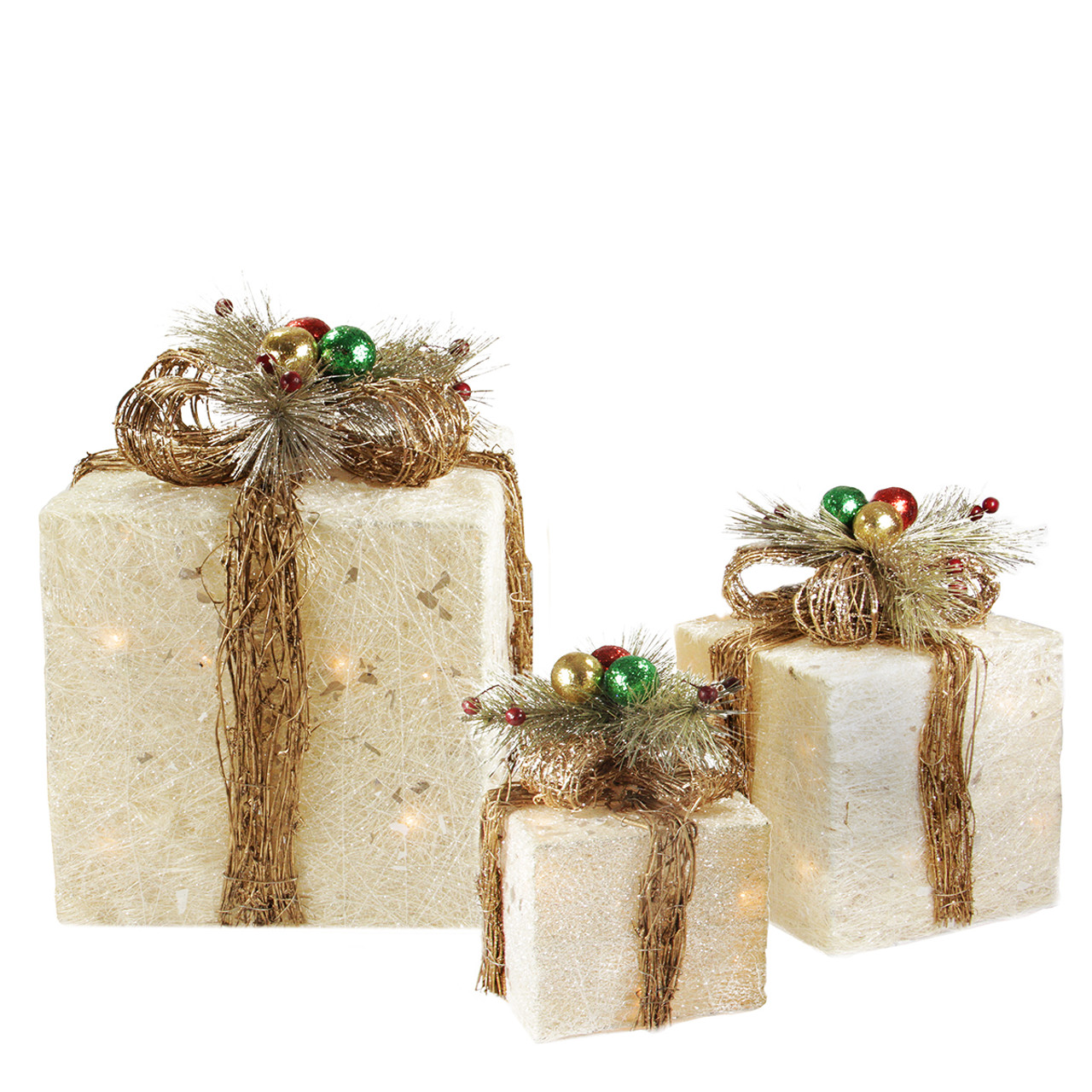 Set Of 3 Cream Sisal Gift Boxes With Twine Bows Outdoor Lighted