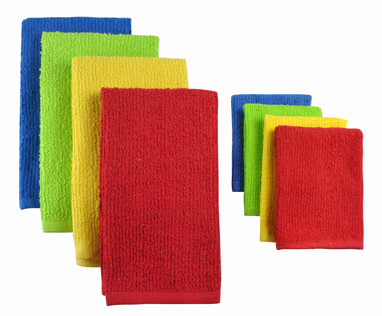 Pack of 8 Solid Multi-Colored Dish Towel & Wash Cloth Kitchen Accessory Set  - Terry Cloth