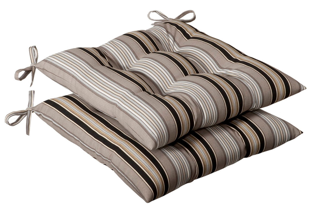Set of 2 Beige & Tan Striped Tufted Outdoor Patio Chair Seat Cushions 19