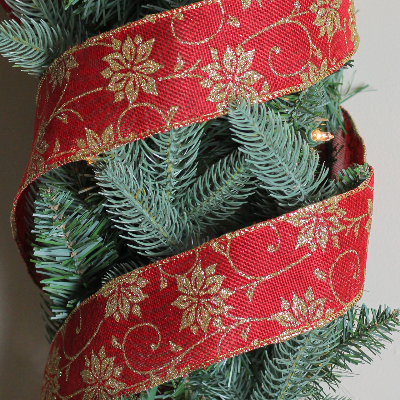 Northlight Cranberry Red and Gold Poinsettia Burlap Wired Christmas Craft Ribbon 2.5 x 10 Yards