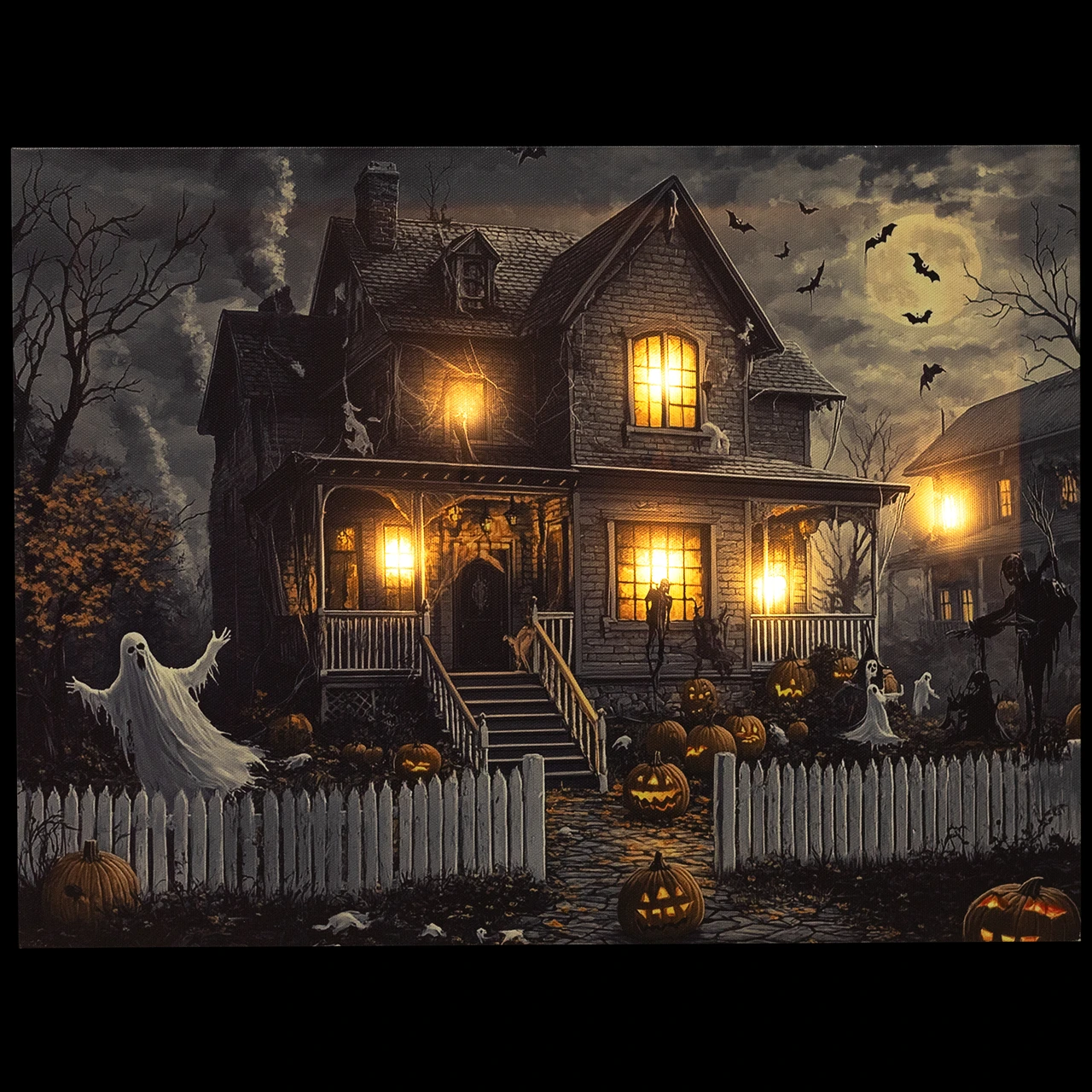 dark haunted house scene with jack o'lanterns, ghosts, bats and creepy scenery