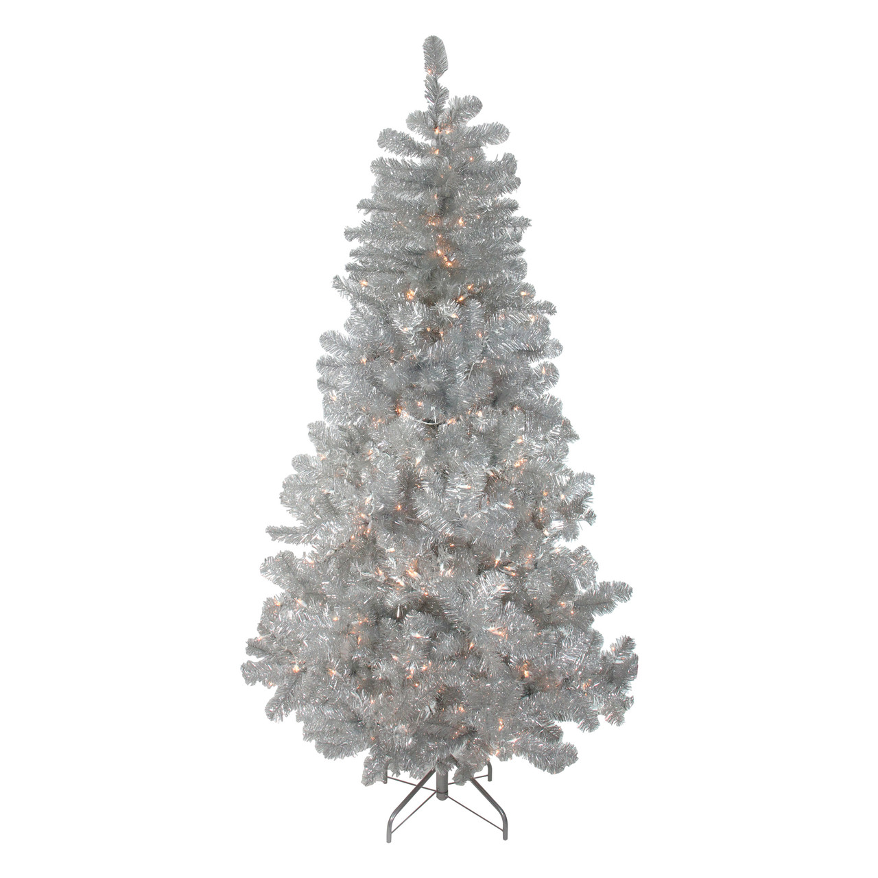 7.5' PreLit Silver Metallic Artificial Tinsel Christmas Tree Clear