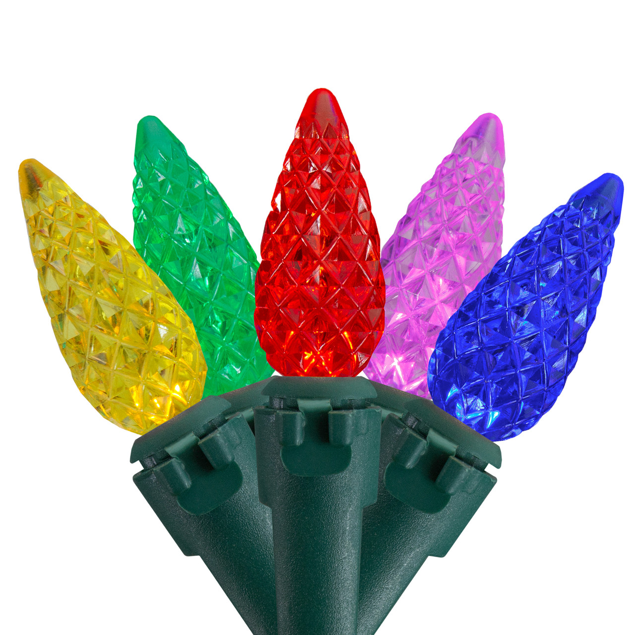 70Count Multi Colored LED Faceted C6 Christmas Light Set 23ft Green
