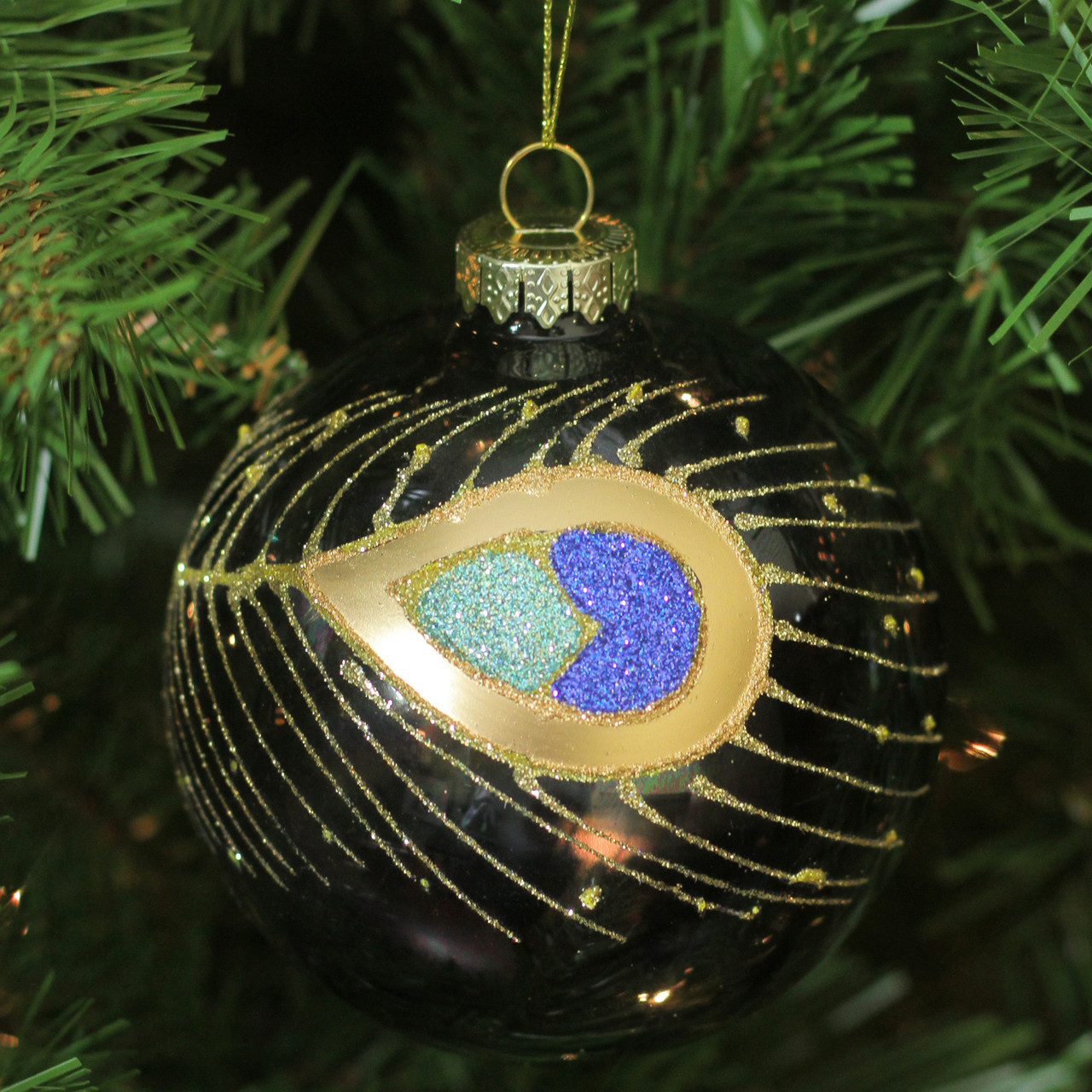 Black & Gold Glittered Peacock Feather Glass Christmas Ball Ornament 4
