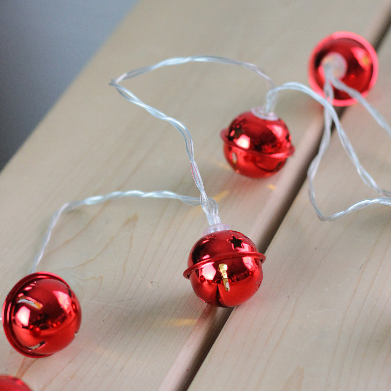 8 Battery Operated Red LED Jingle Bell Christmas Lights Clear Wire