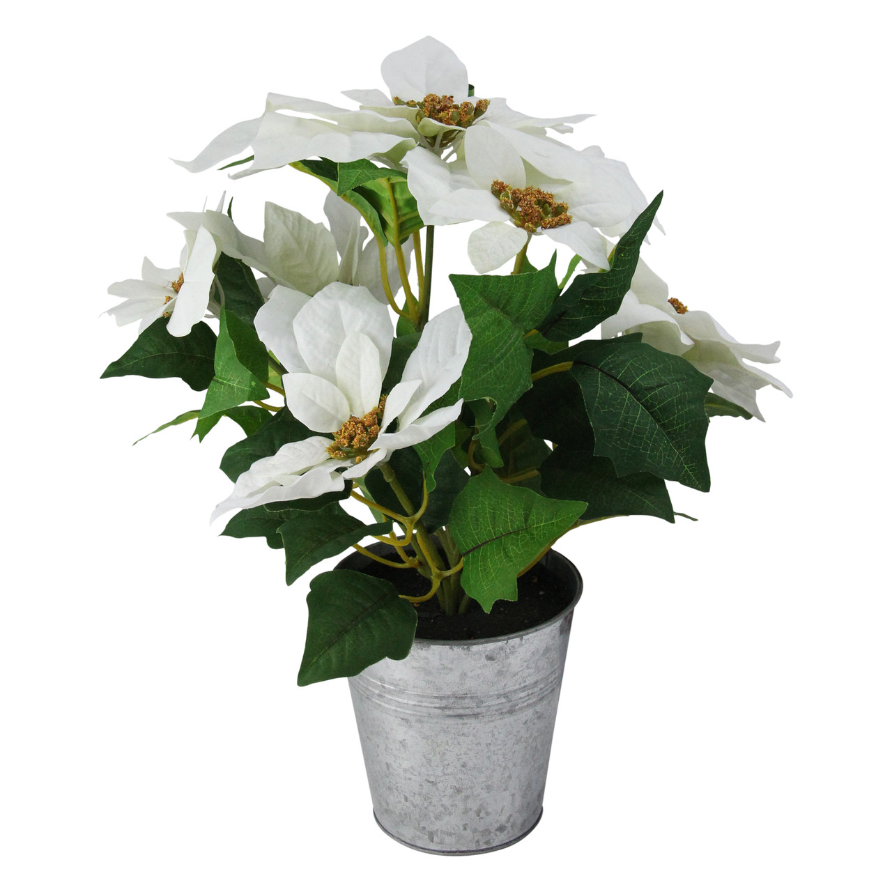 15.5" White and Green Artificial Poinsettia Flower Arrangement in Pot