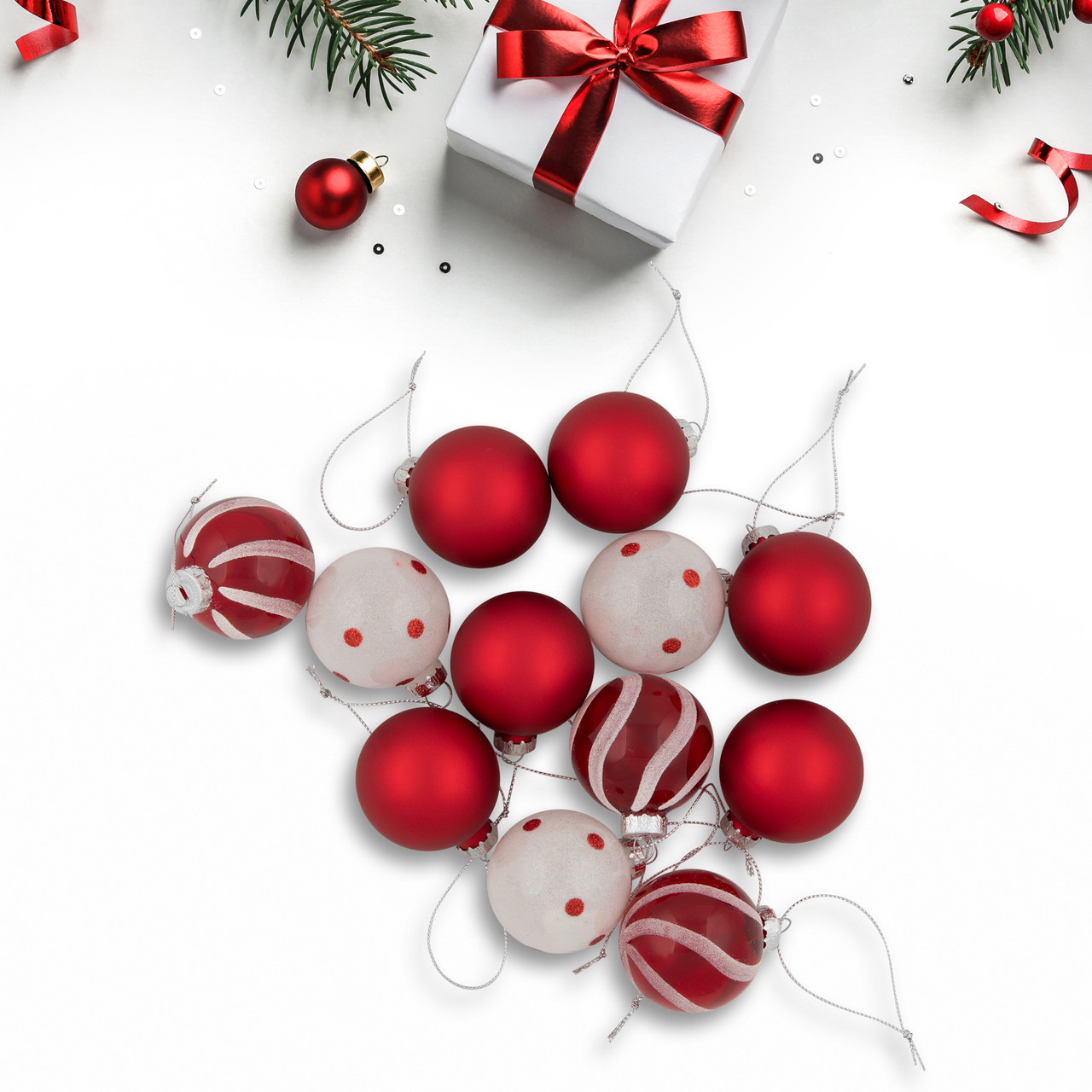 12ct red and white glass 3 finish christmas ball ornaments 1 75 40mm