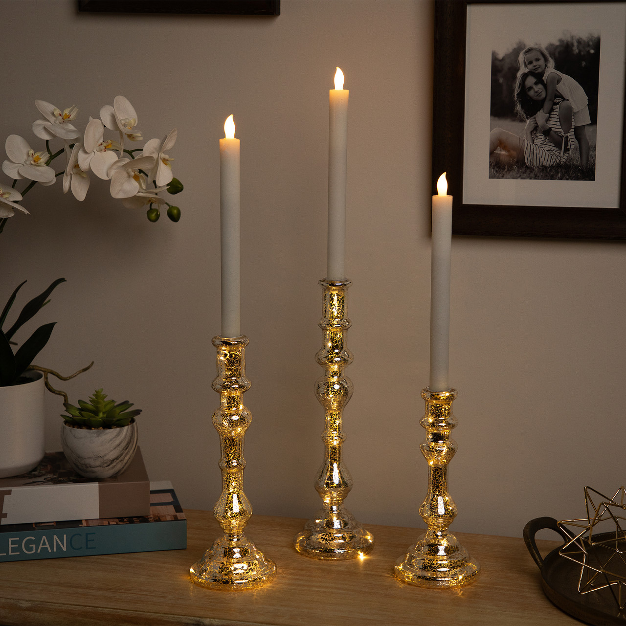 Set Of 3 Golden Sparkles Battery Operated Led Lighted Candle Holders Christmas Central