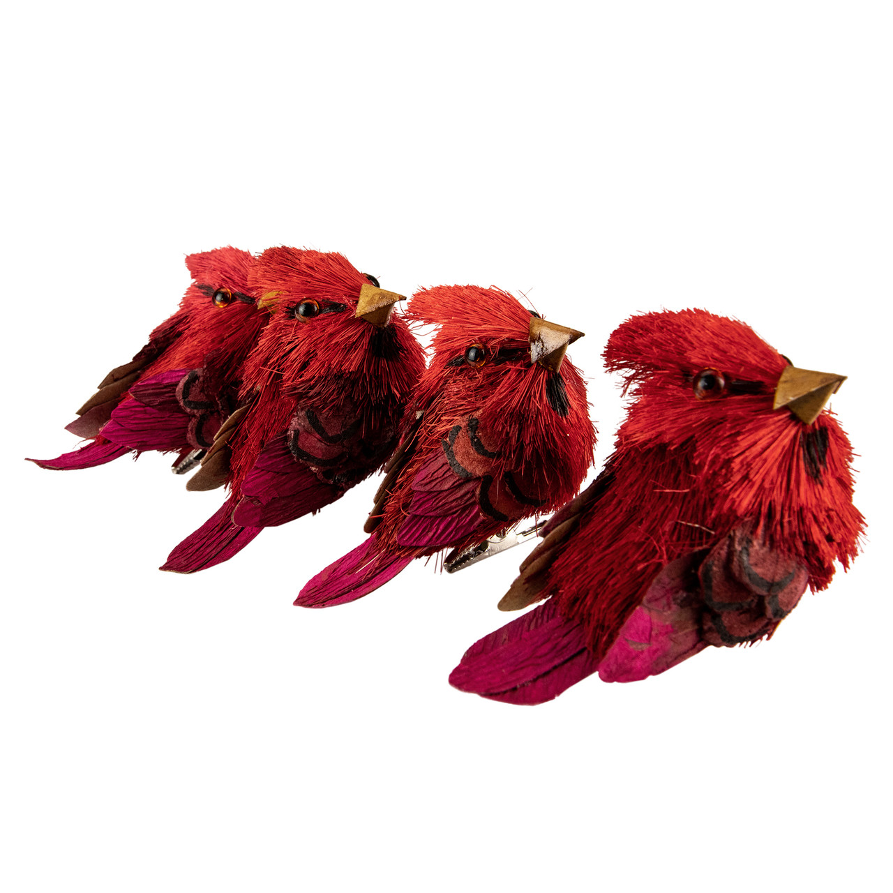 Set of 4 Red Cardinal ClipOn Sisal Christmas Bird Ornaments, 3.5