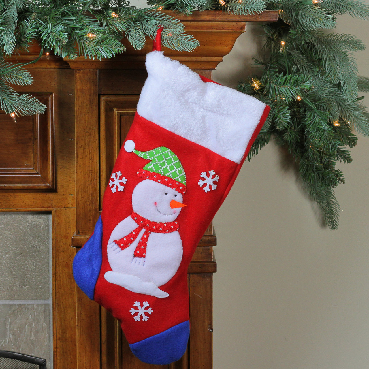 19'' Red & Blue Plush Cuff Snowman Christmas Stocking | Christmas Central
