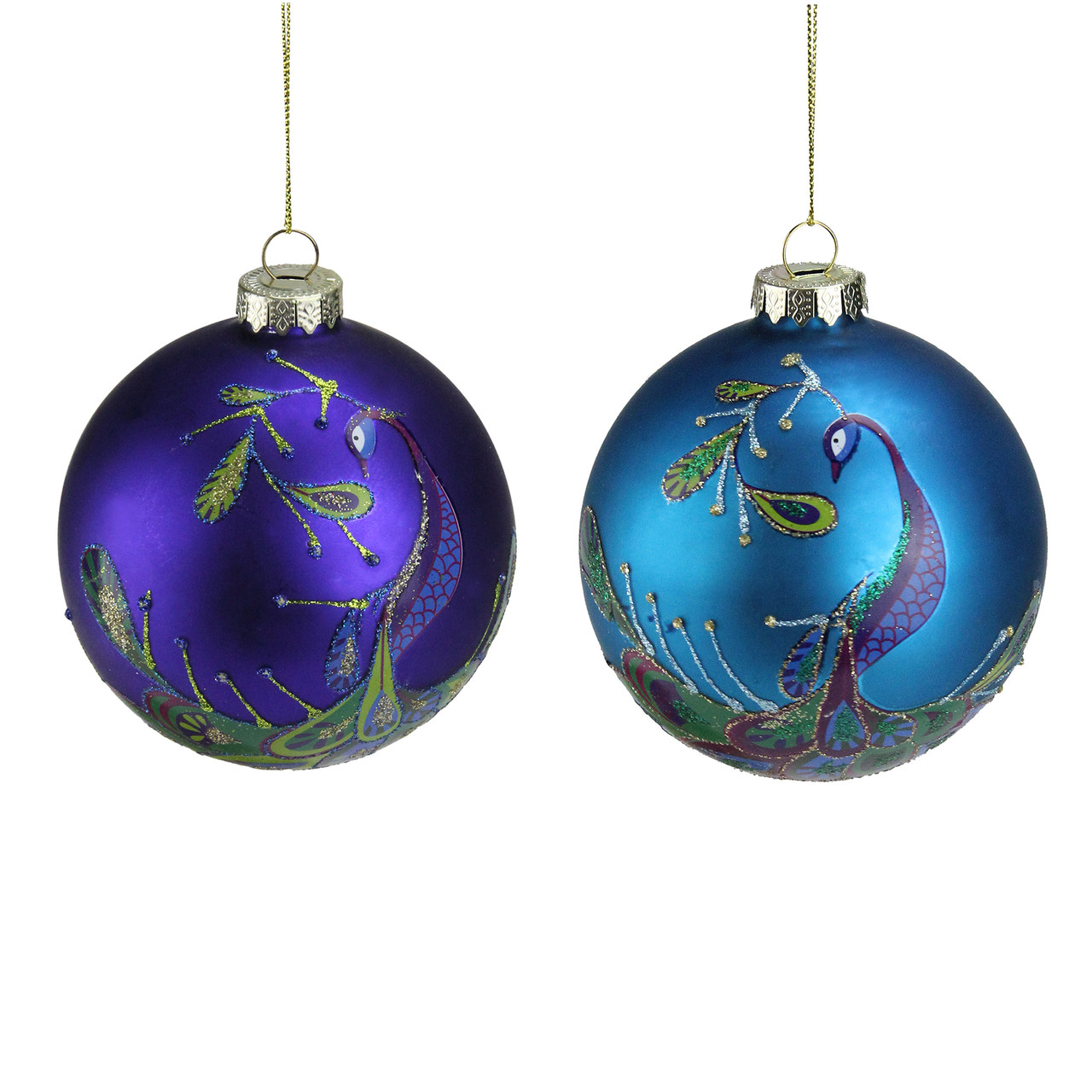 Set Of 2 Regal Peacock Purple Blue Glass Ball Christmas Ornament