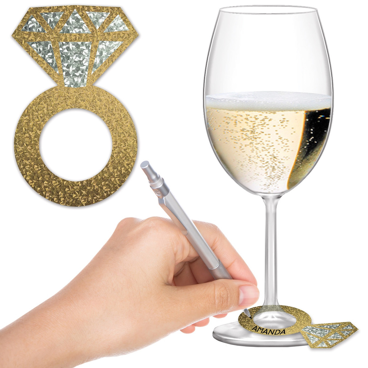 Club Pack of 288 Gold & Silver Diamond Ring Wine Glass Marker Party Decors  3.5