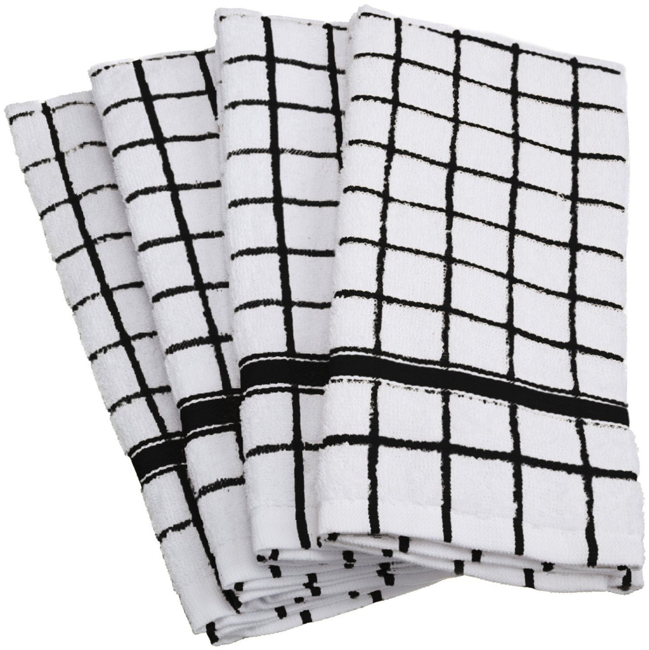 Set of 4 Black and White Windowpane Checkered Terry Dishtowels 15 x 26”