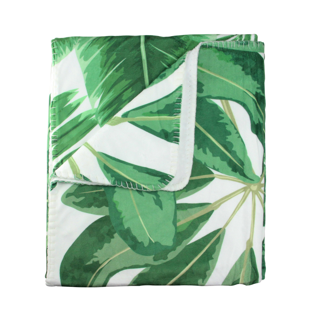 White Green Tropical Leaves Plush Fleece Throw Blanket 50