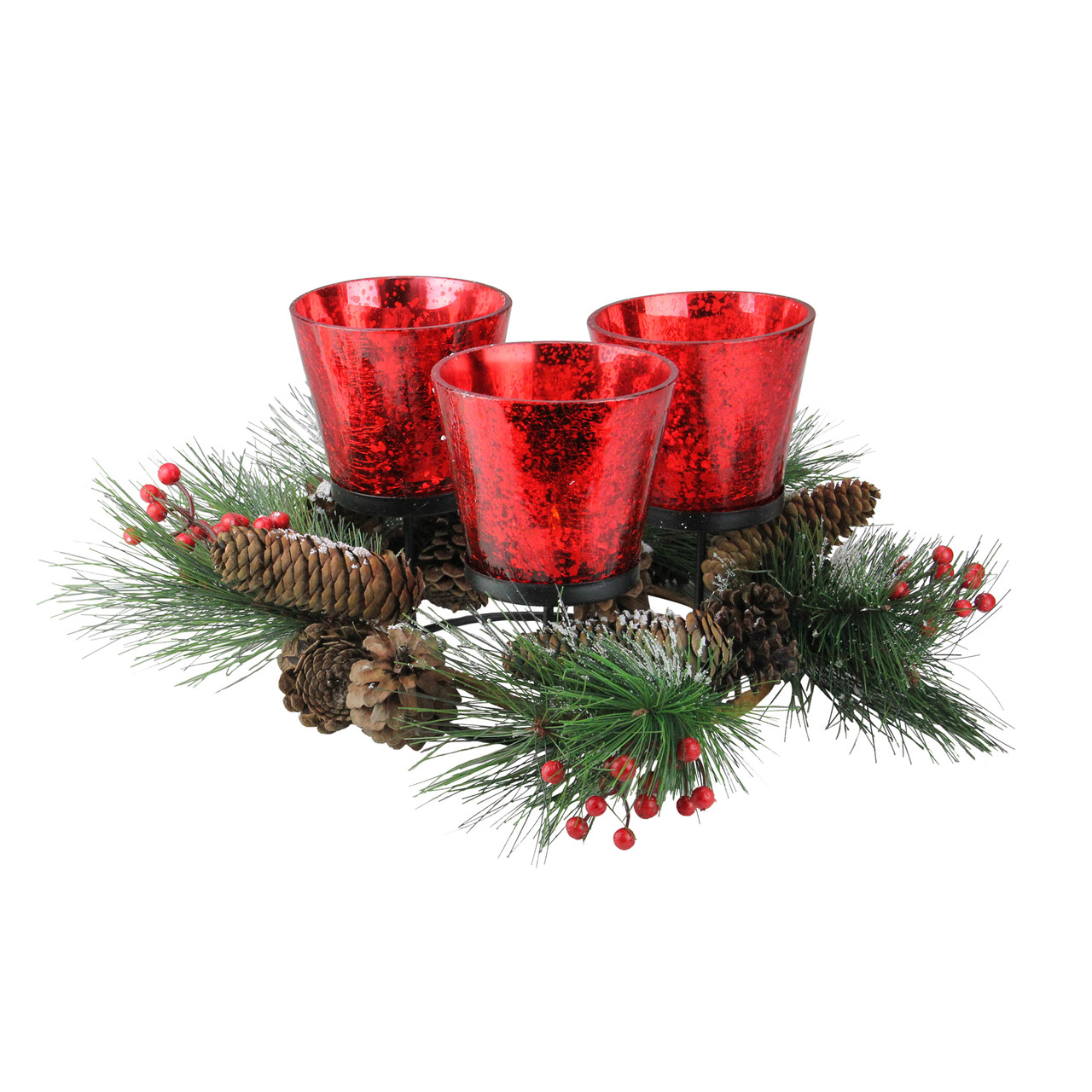 8 Red Triple Speckled Glass Candle Holder Wreath With Pinecones Christmas Central