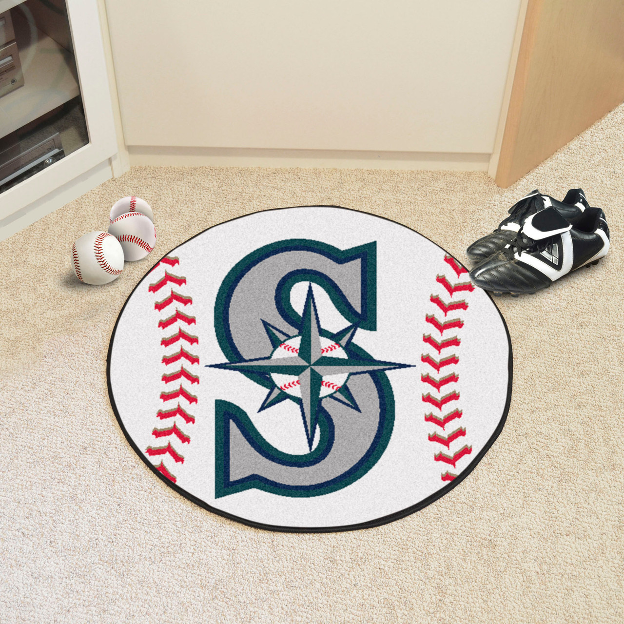 White & Blue MLB Seattle Mariners Round Baseball Welcome Door Mat