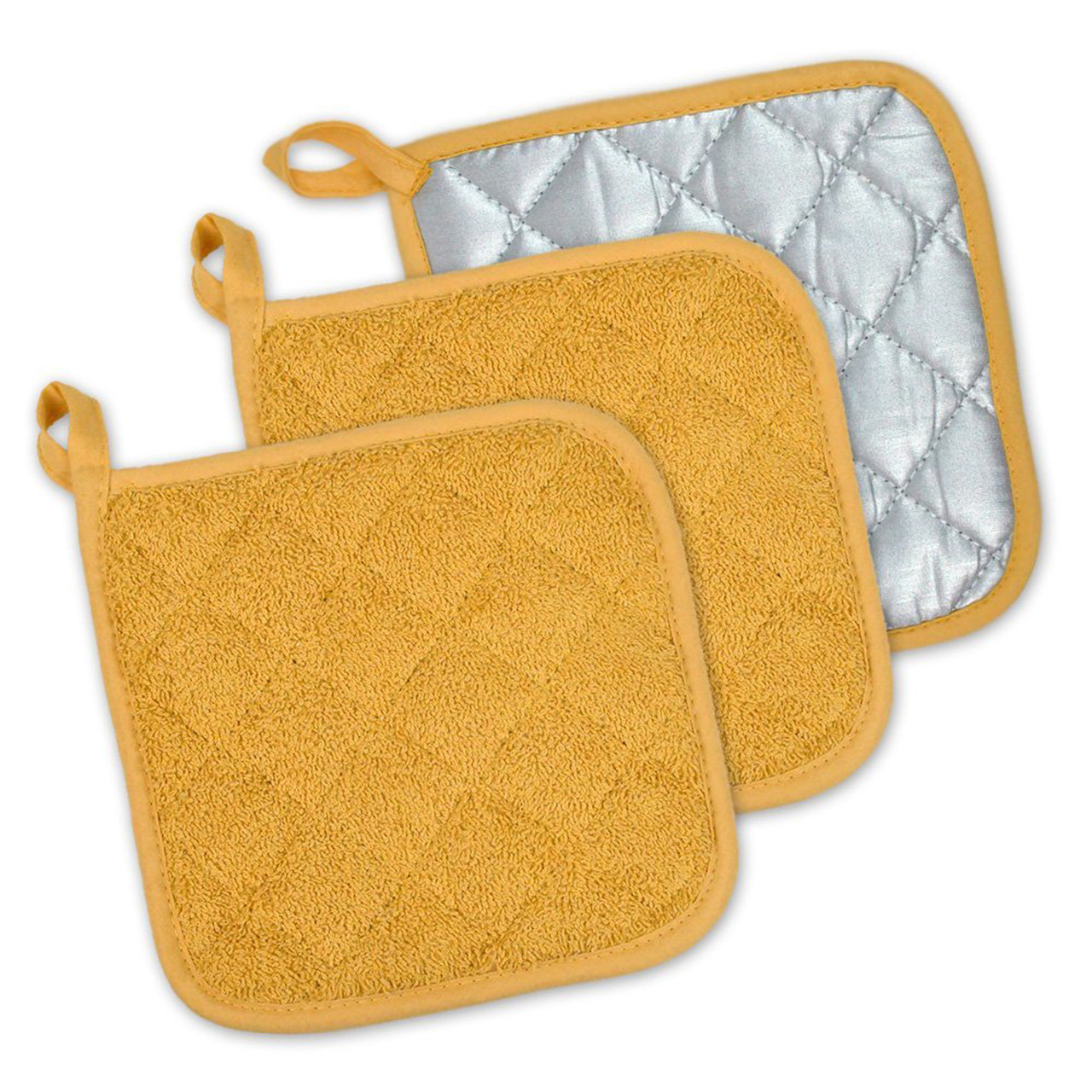 Set of 3 Yellow and Silver Colored Terry Cloth Square Potholders 7