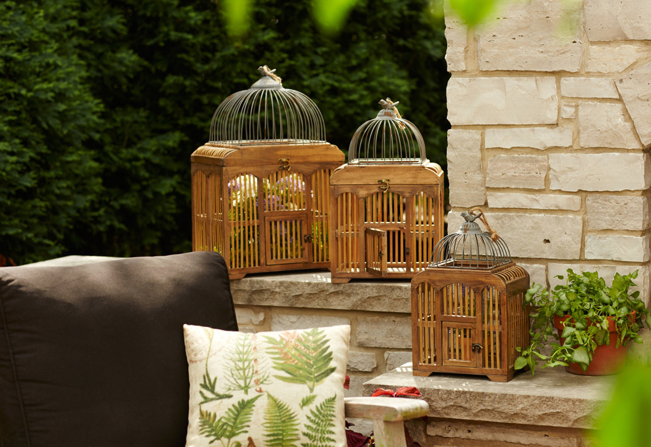 Set Of 3 Brown Wooden Decorative Birdcages 25 25 Christmas Central