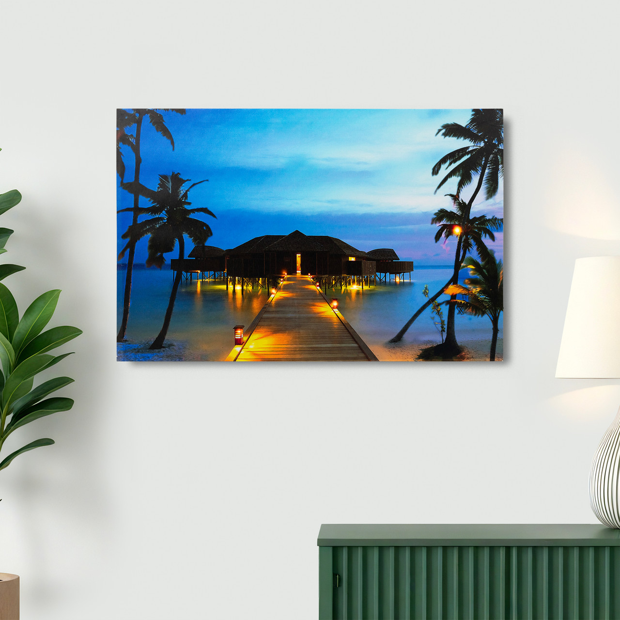 LED Lighted Tropical Paradise Island Beach Scene Canvas Wall Art