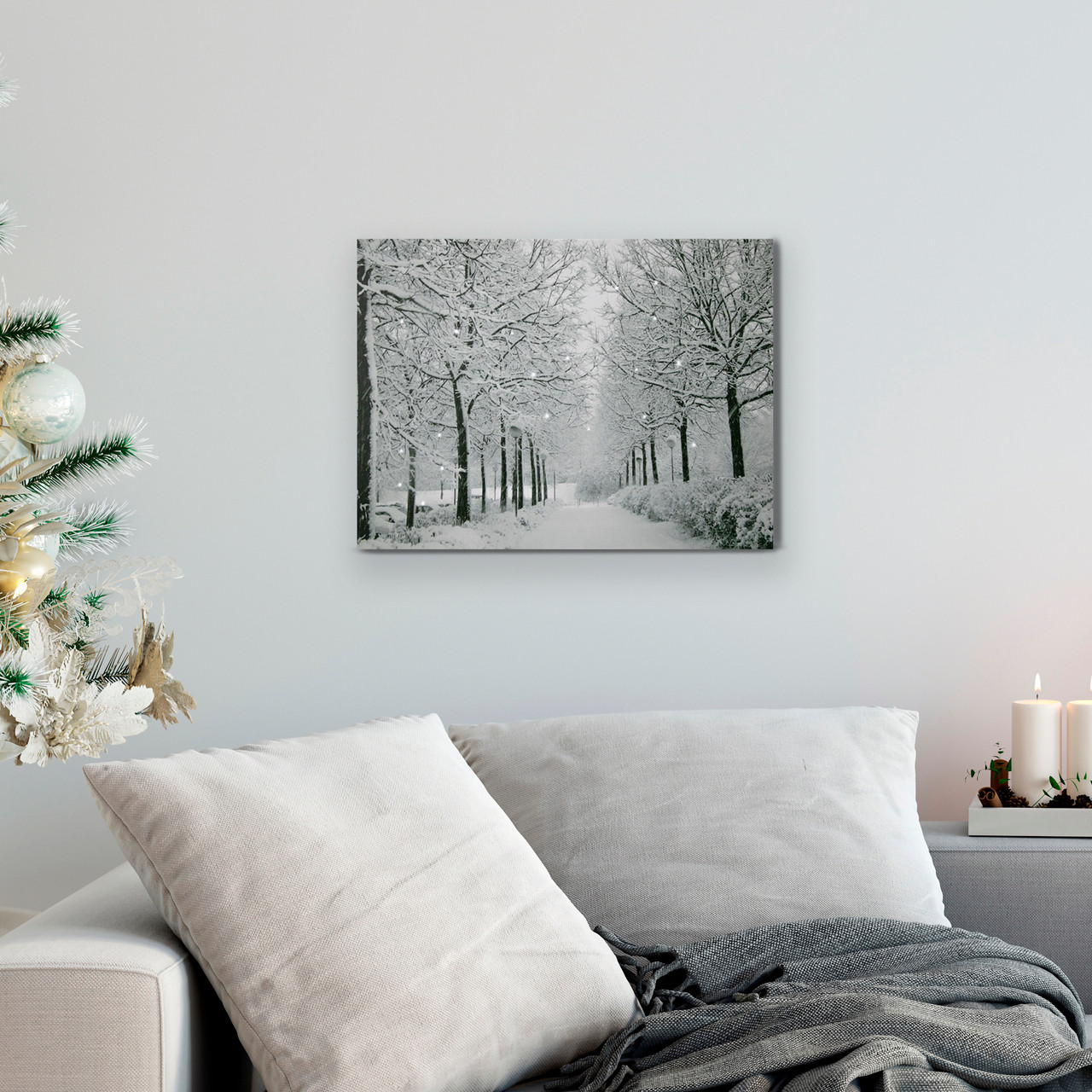 15.75 Fiber Optic Lighted Twinkling Snowy Winter Tree Scene Canvas Wall ...