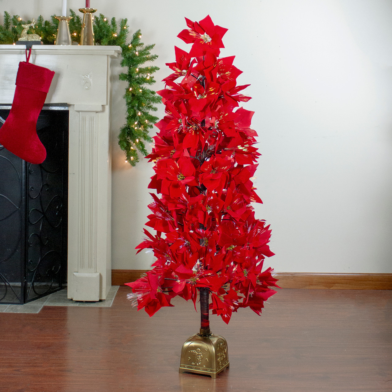 4 Pre Lit Fiber Optic Color Changing Red Poinsettia Christmas Tree Christmas Central