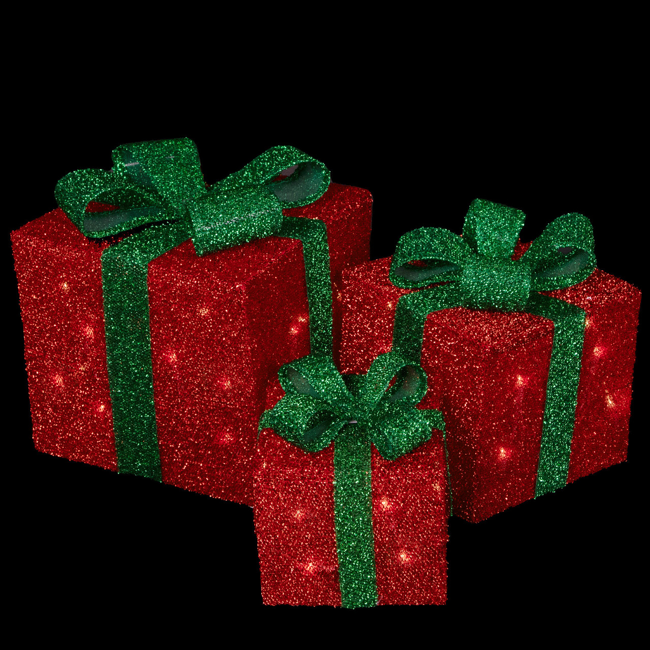 Set of 3 Lighted Tall Green Gift Boxes with Red Bows Christmas Outdoor  Decorations 18