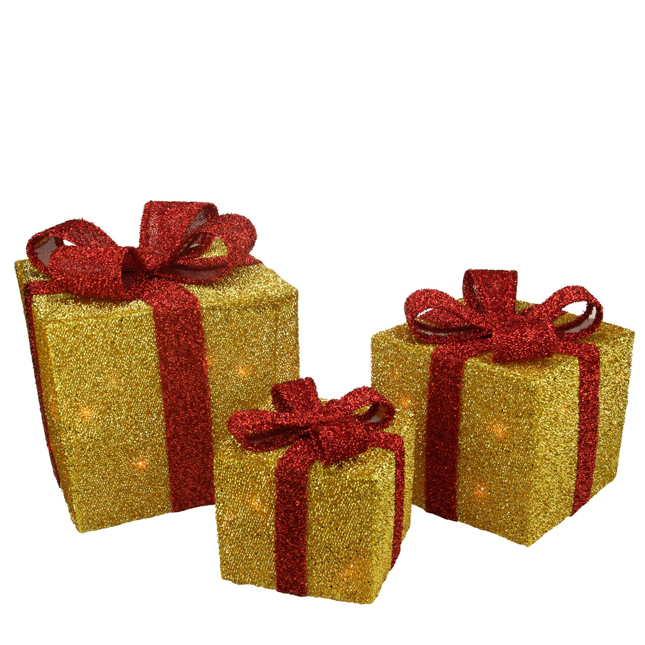 Set of 3 Lighted Green Gift Boxes with Red Bows Outdoor Christmas