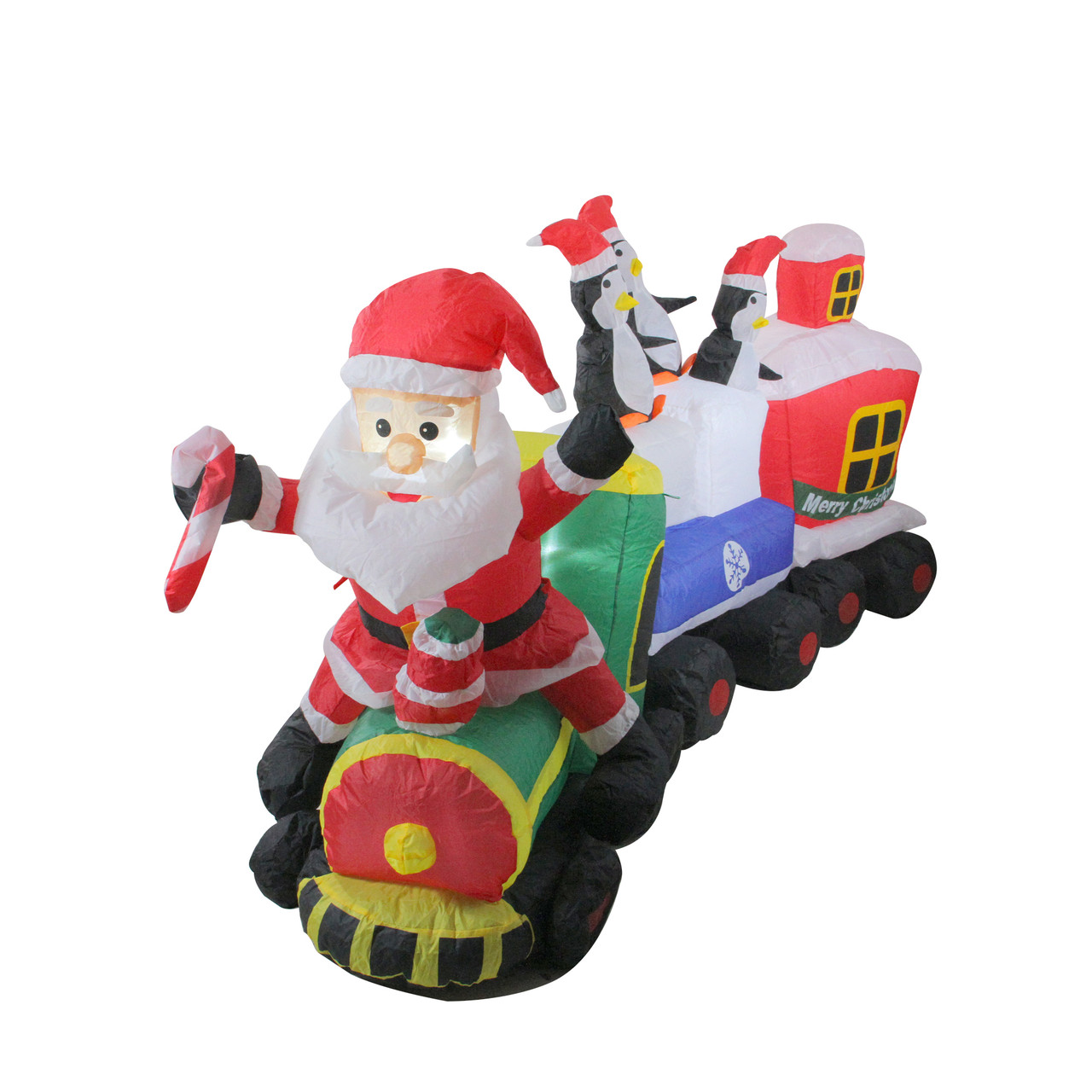 6.5' Red & Green Inflatable Santa & Penguins on Train Lighted Outdoor ...