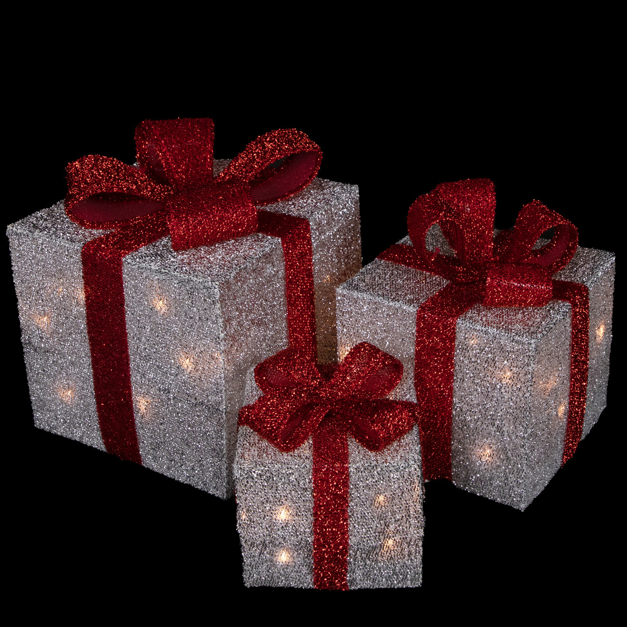 Set of 3 Silver Tinsel Lighted Gift Boxes with Red Bows Outdoor ...