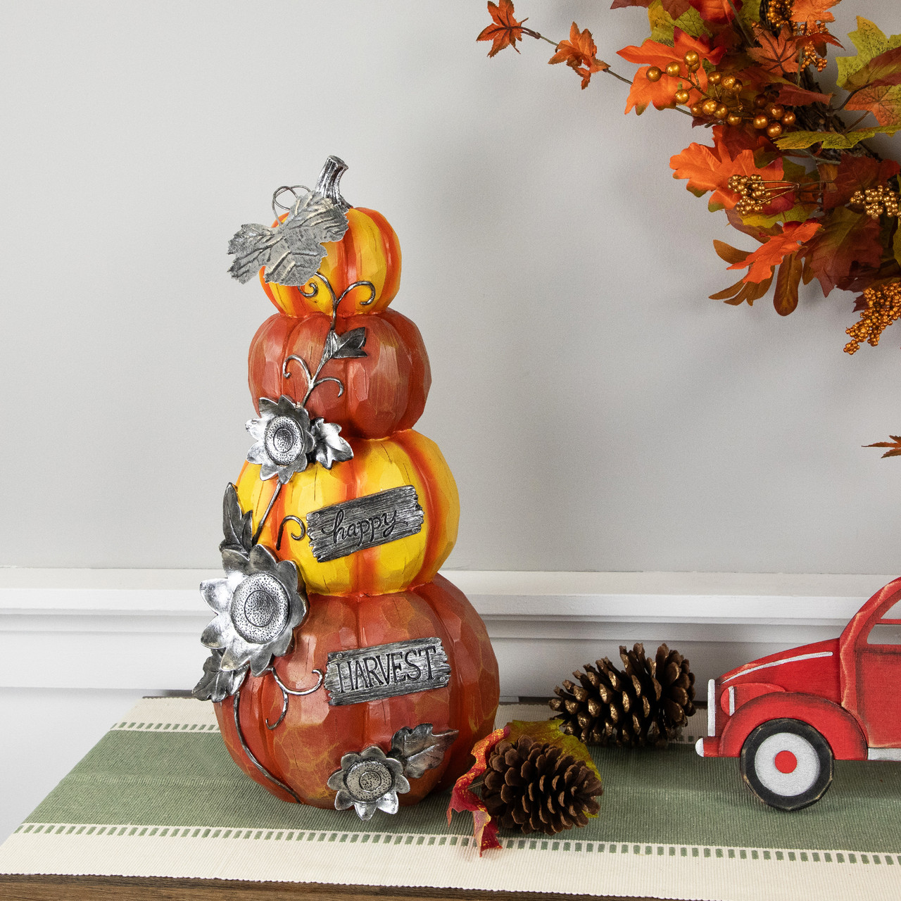 18.25” Stacked Pumpkins 'Happy Harvest' Fall Outdoor Decoration ...