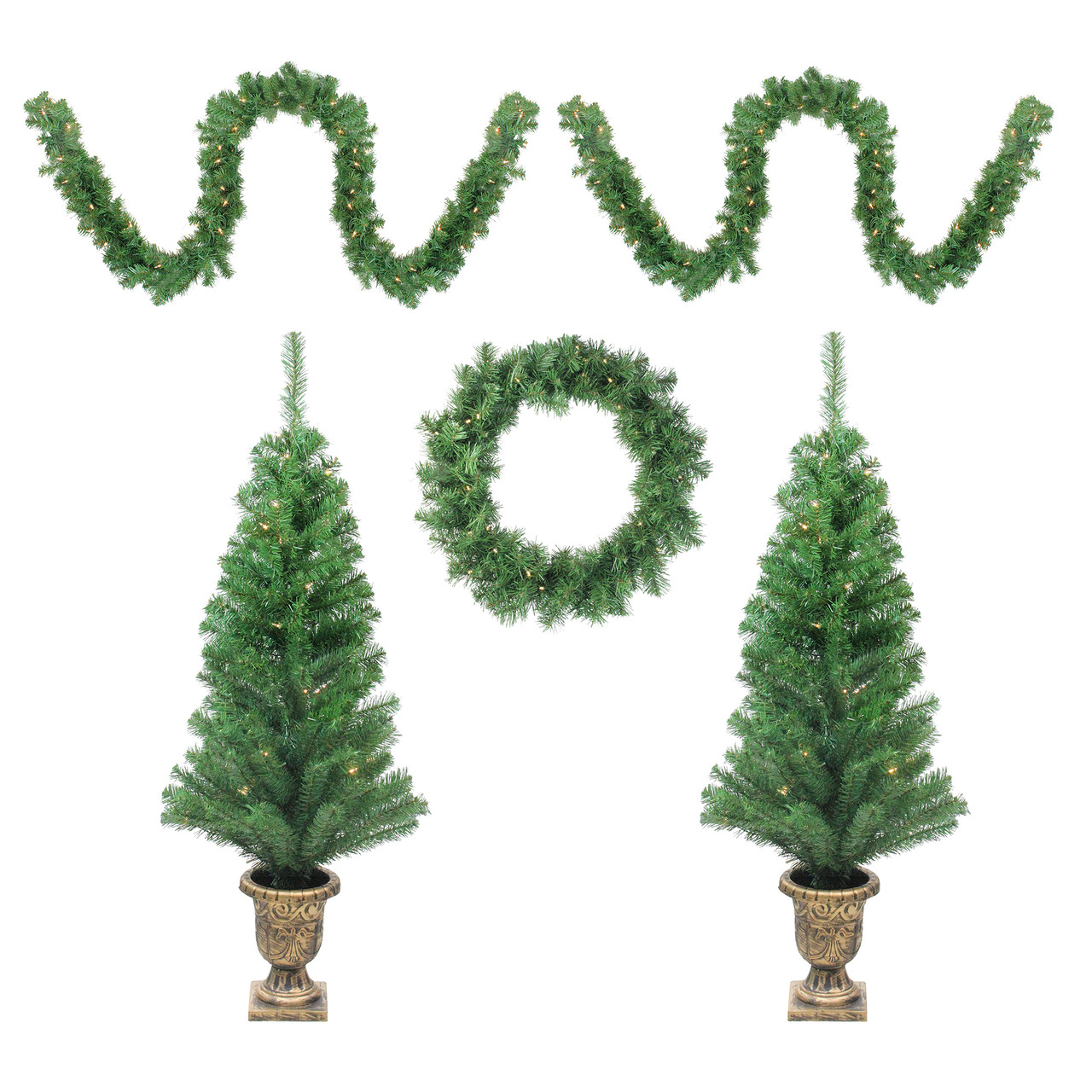 5-Piece Pre-Lit Artificial Winter Spruce Christmas Trees, Wreath ...