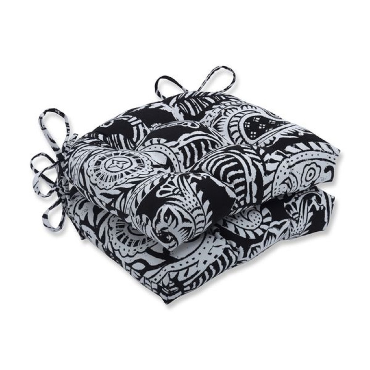 Set Of 2 Black White Paisley Design Reversible Chair Pads Indoor