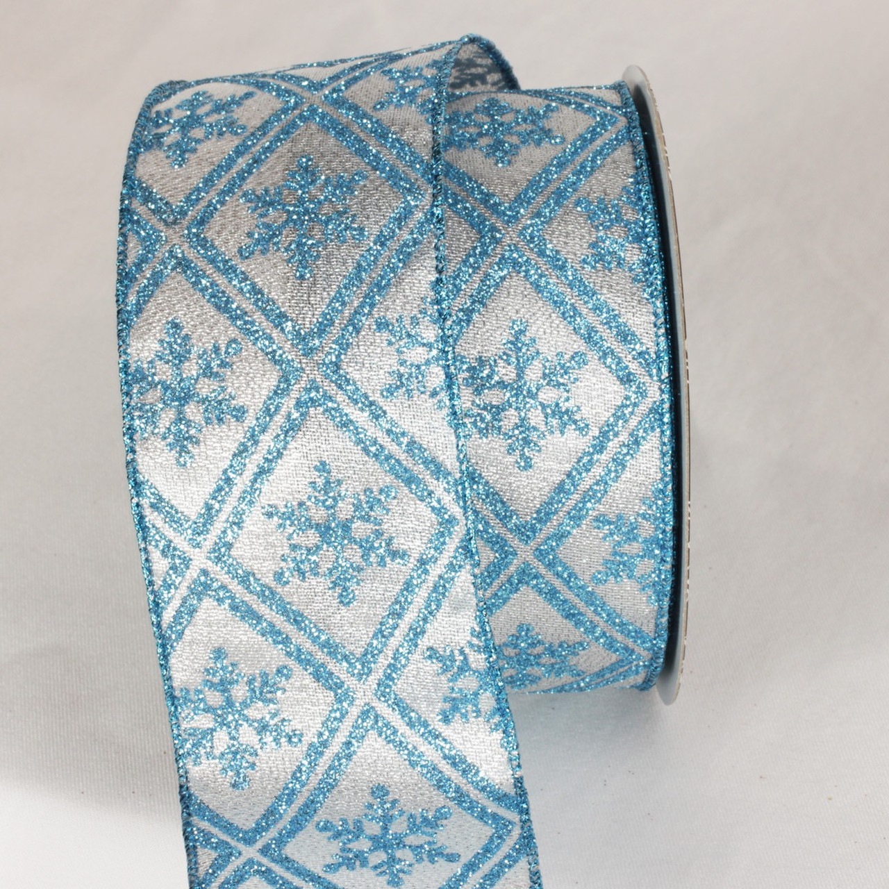 Silver & Baby Blue Christmas Snowflake Wired Craft Ribbon 2.5