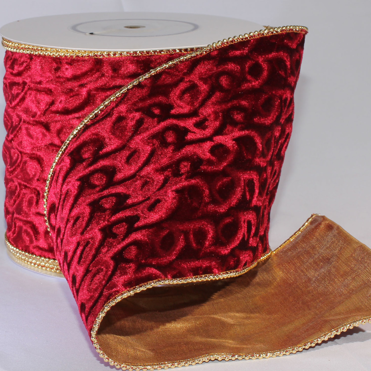 Burgandy/Gold Double Sided Wired Velvet 4 Ribbon 5 Yards