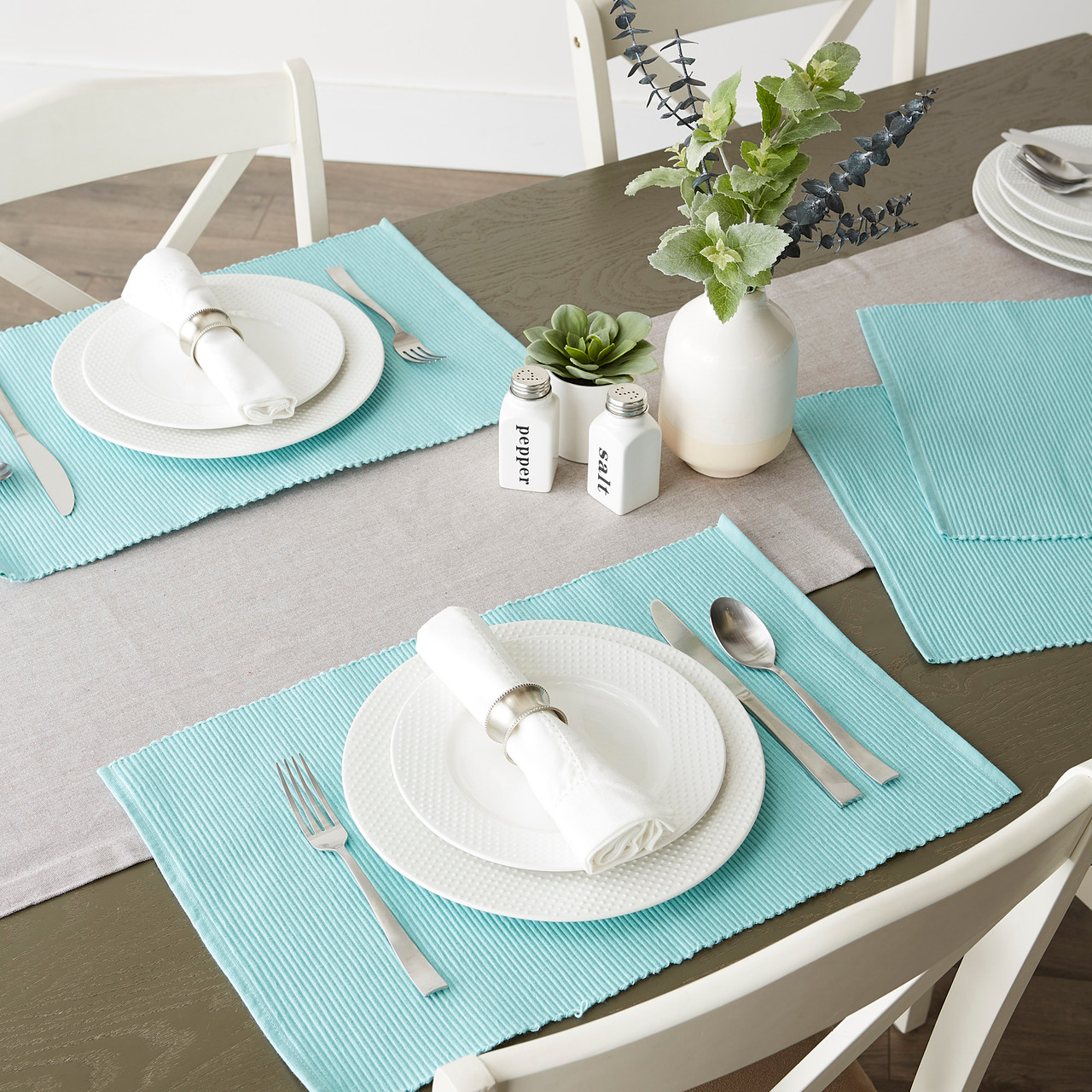 Set of 6 Aqua Blue Ribbed Pattern Rectangular Placemats 19