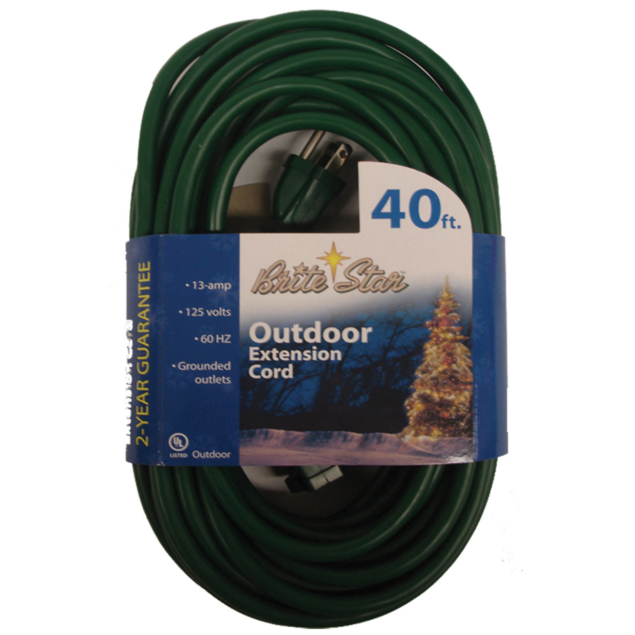 40' Brite Star Grounded Indoor/Outdoor 3-Prong Extension Cord – Green Wire