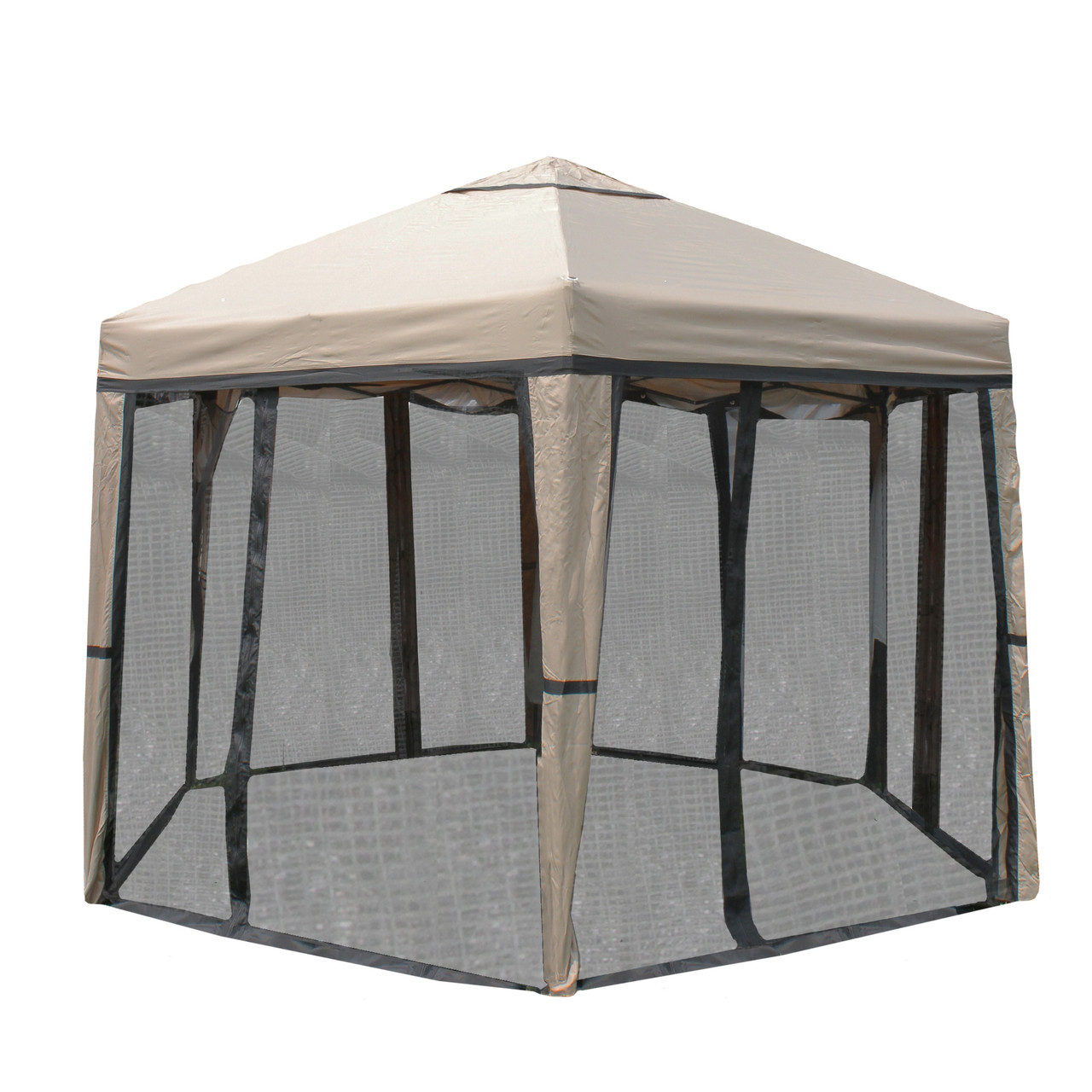 12 X 10 Beige Black Outdoor Hexagon Pop Up Gazebo With