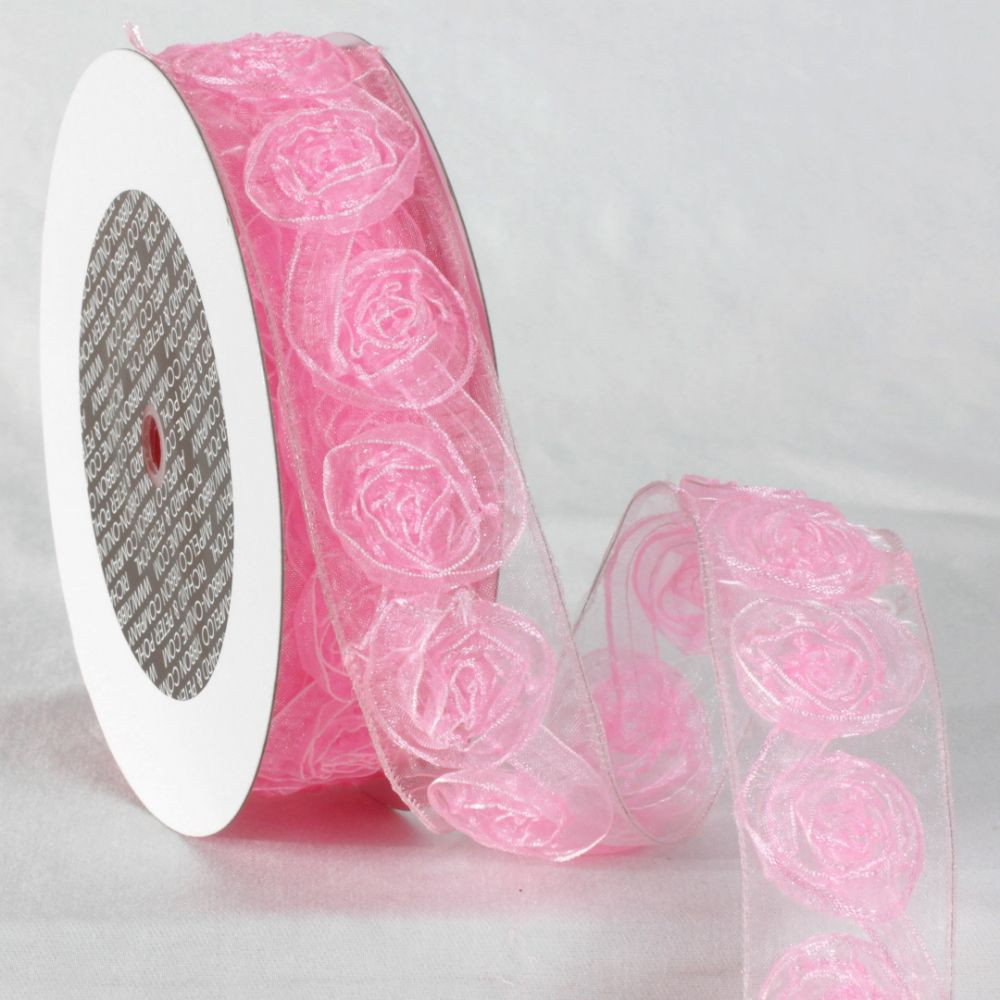 Pink Sheer Elegance Roses Wired Craft Ribbon 1.5