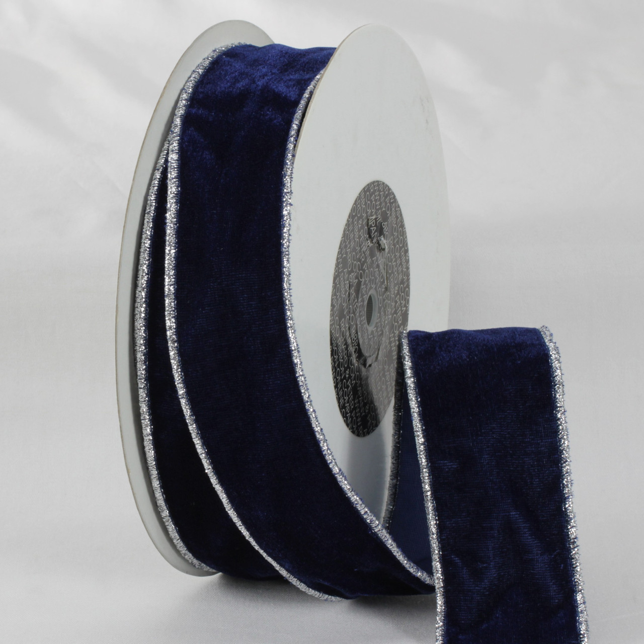 Navy Blue & Silver Colored Woven Edge Soft Velvet Ribbon 2 x 20 Yards