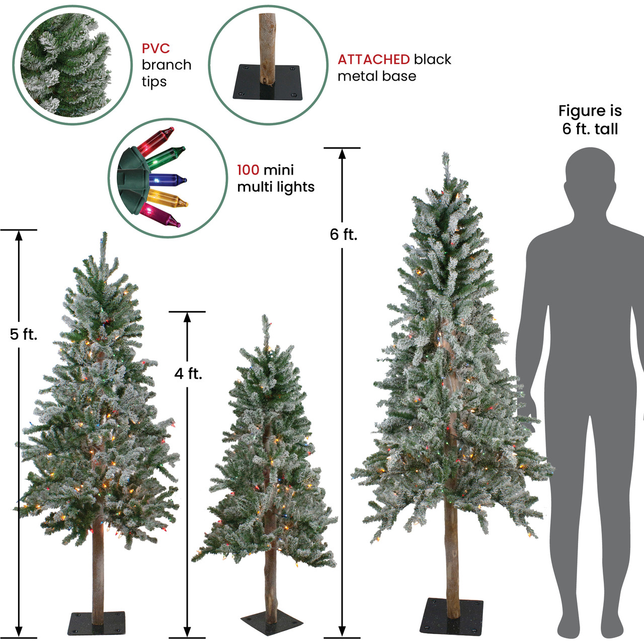 Set Of 3 Pre Lit Slim Flocked Alpine Artificial Christmas Trees 6