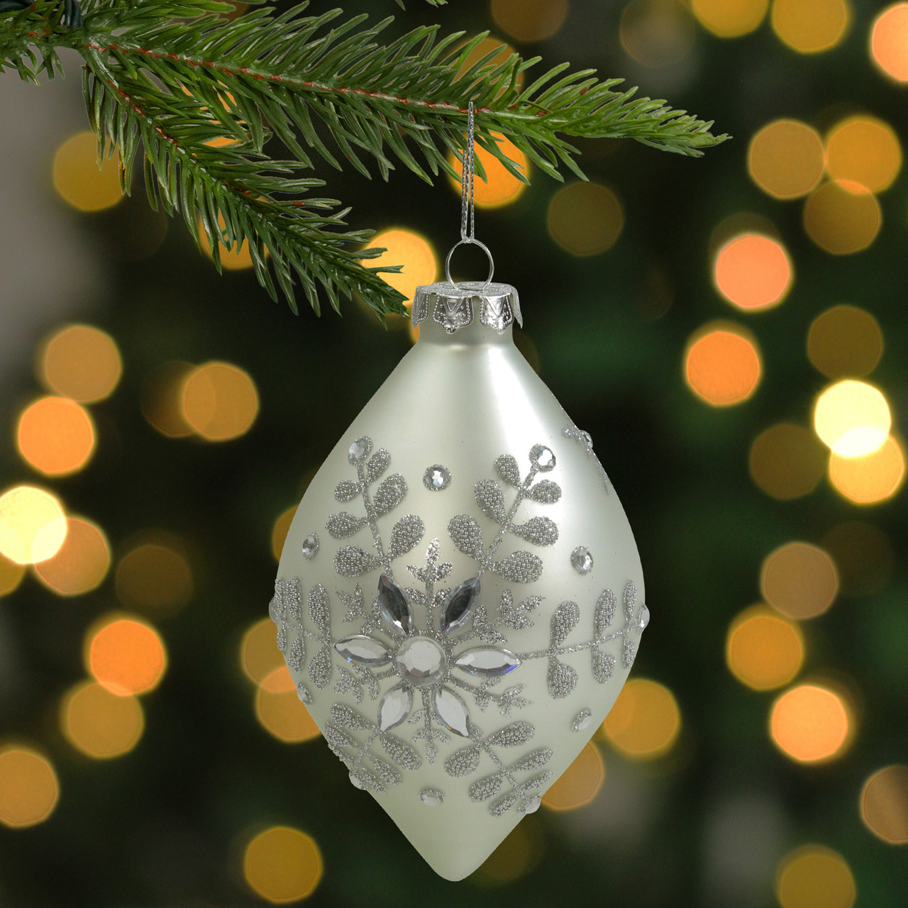 Matte Silver Glittery Snowflake Glass Christmas Finial Ornament 6
